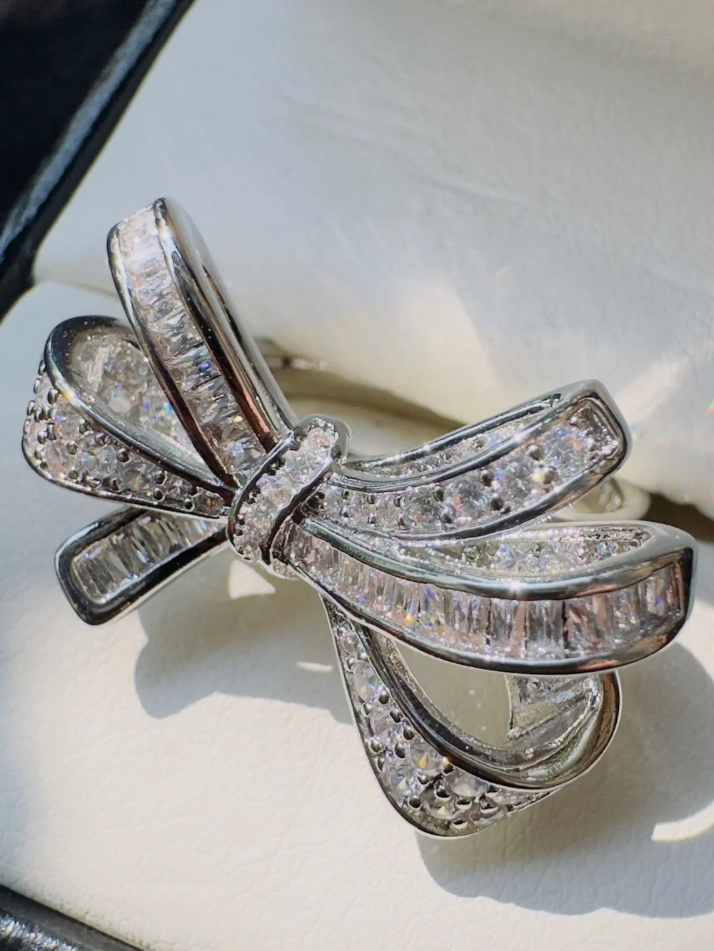 Diamond Bow Ring in Silver Tone - Elegant Sparkling Bow